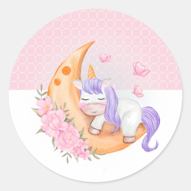 Baby Unicorn Over The Moon with Flowers   Classic Round Sticker (Front)