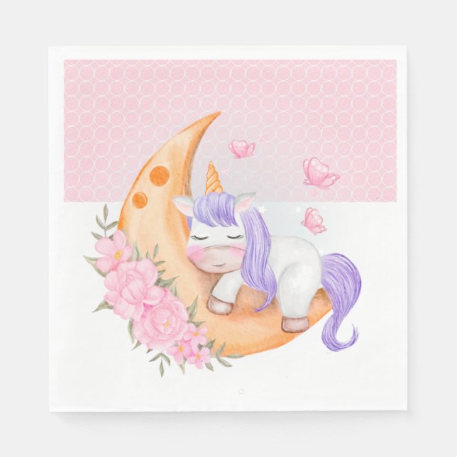 Baby Unicorn Over The Moon with Flowers Napkin (Front)