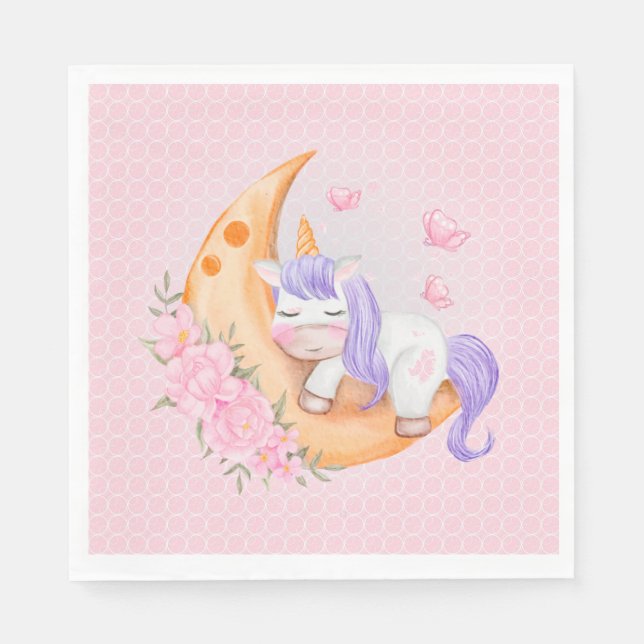 Baby Unicorn Over The Moon with Flowers    Napkin (Front)