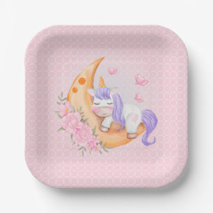 Baby Unicorn Over The Moon with Flowers    Paper Plate