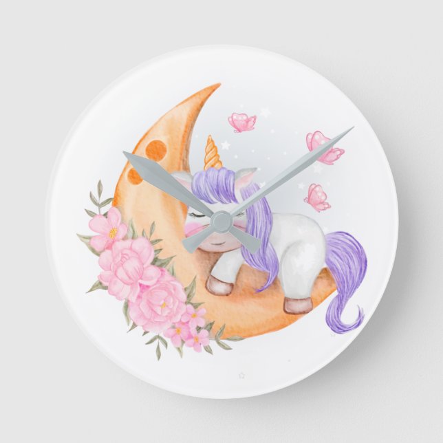 Baby Unicorn Over The Moon with Flowers Round Clock (Front)
