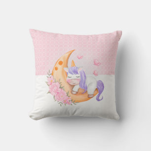 Baby Unicorn Over The Moon with Flowers Throw Pil Cushion