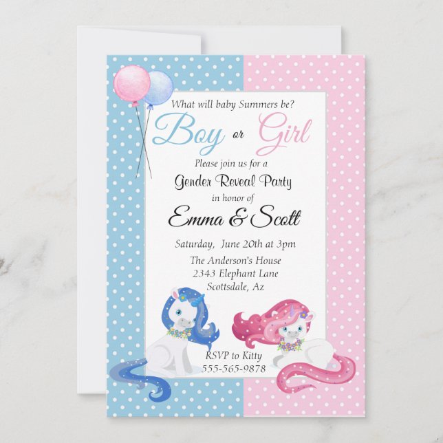Baby Unicorn Pink Blue Gender Reveal Party Invitation (Front)