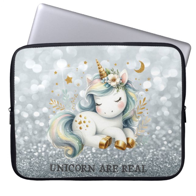 Baby Unicorn Silver Glitter Bokeh Laptop Sleeve (Front)