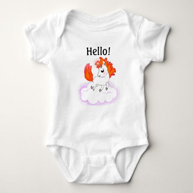 Baby Unicorn with Orange Hair on White Cloud Baby Bodysuit (Front)