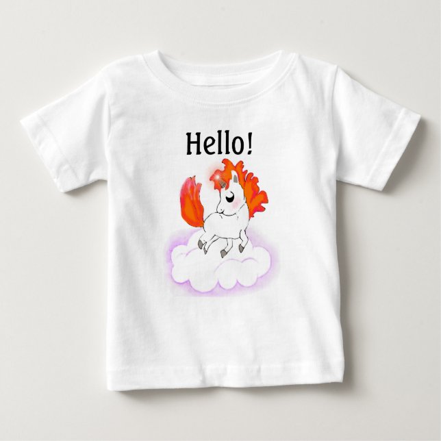 Baby Unicorn with Orange Hair on White Cloud Baby T-Shirt (Front)