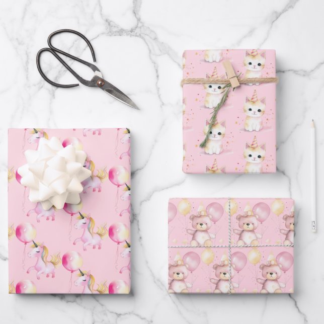Baby Unicorns, Bears, Kittens Pink Wrapping Paper (Front)
