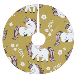 Baby unicorns, flowers, yellow vintage pattern. brushed polyester tree skirt