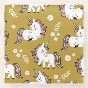 Baby unicorns, flowers, yellow vintage pattern. glass coaster