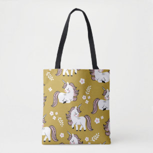 Baby unicorns, flowers, yellow vintage pattern. tote bag