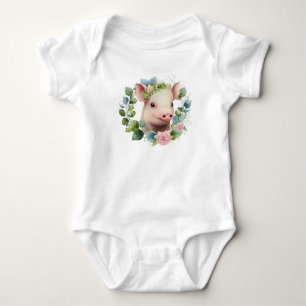 Baby Watercolor Piglet with Flower Wreath Bodysuit
