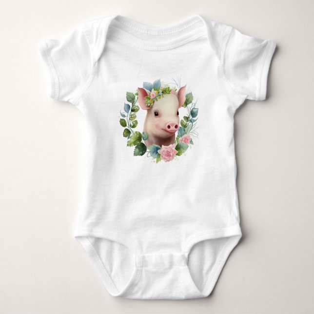 Baby Watercolor Piglet with Flower Wreath Bodysuit (Front)