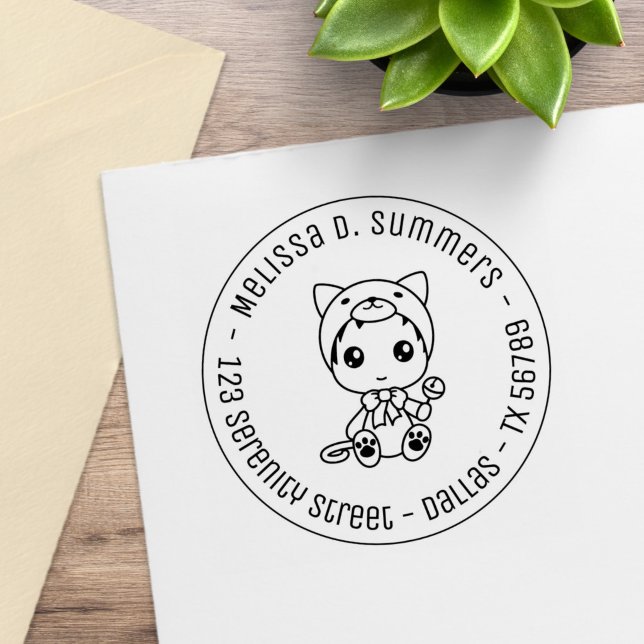 Baby White Cat Jumpsuit Round Address Rubber Stamp (Creator Uploaded)
