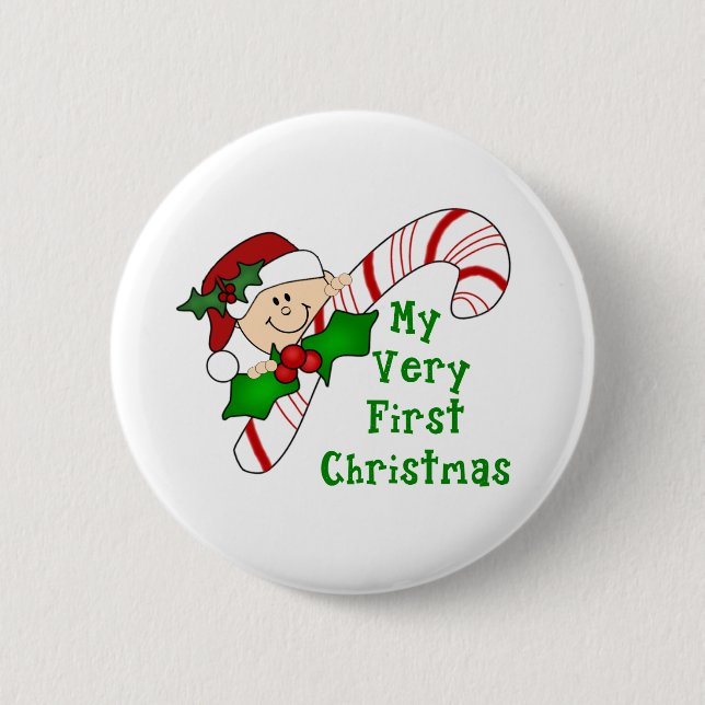Baby with Candy Cane First Christmas 6 Cm Round Badge (Front)