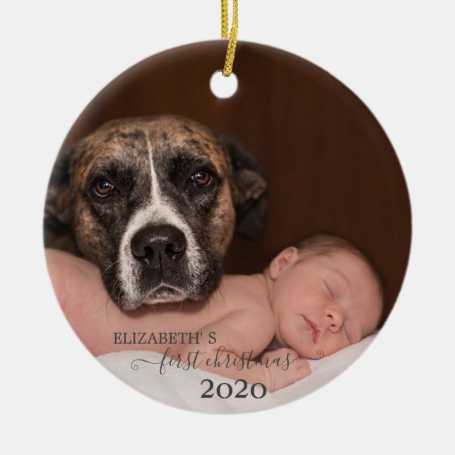 Baby With Dog,First Christmas,Photo Ceramic Ornament (Front)