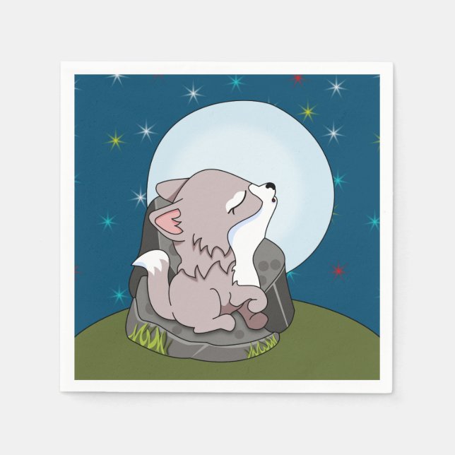 Baby Wolf Howling At A Moon Napkin (Front)