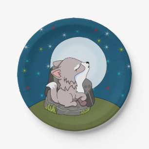 Baby Wolf Howling At A Moon Paper Plate