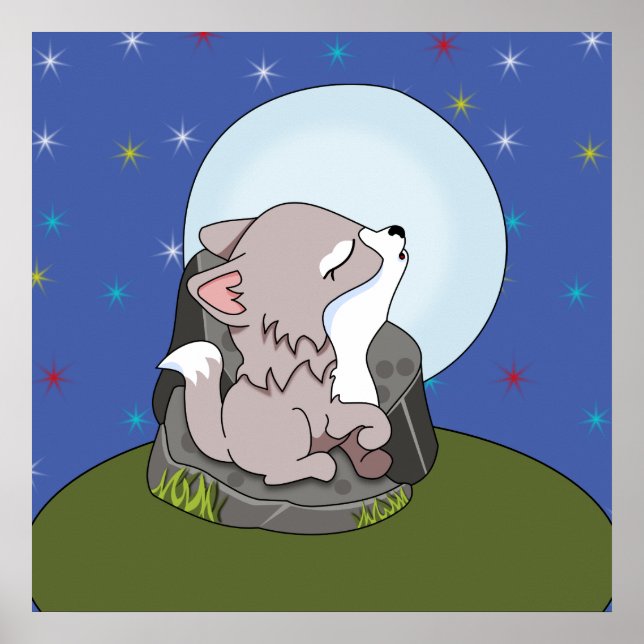 Baby Wolf Howling At The Moon Poster (Front)