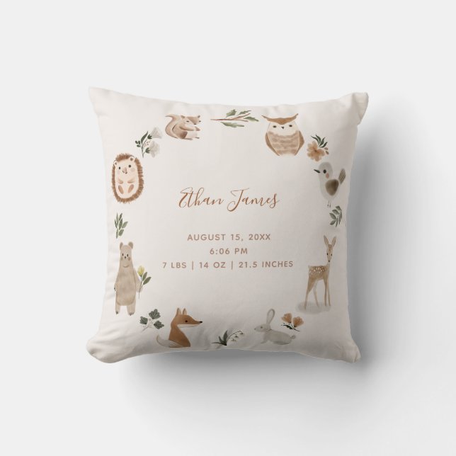 Baby Woodland Animals Birth Stats Keepsake Cushion (Front)
