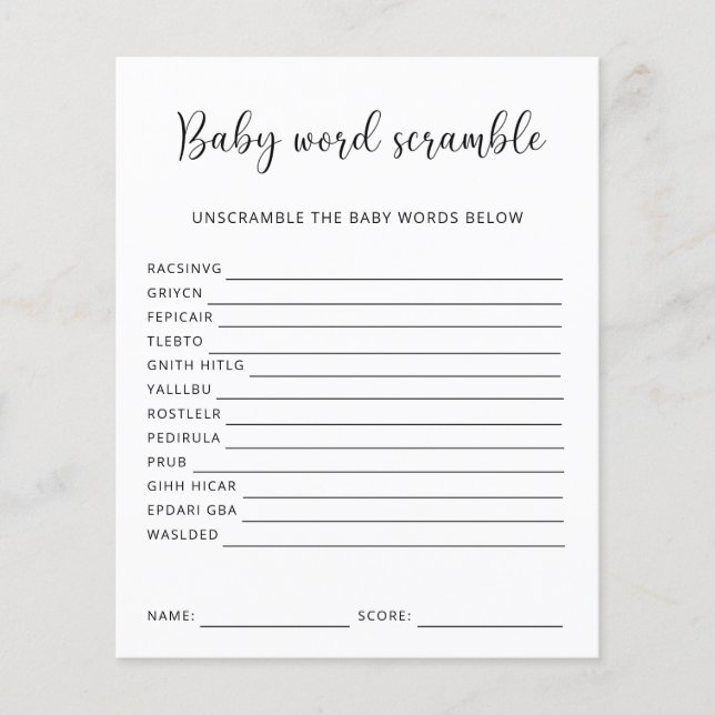 Baby Word Scramble | Baby Shower Game (Front)