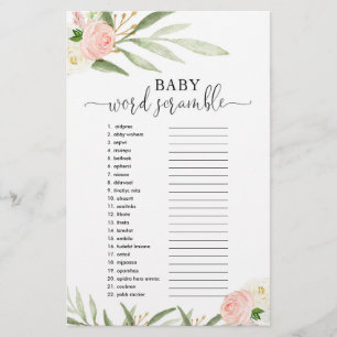 Baby word scramble baby shower game pink greenery