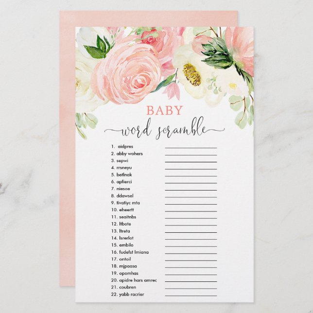 Baby word scramble baby shower game pink greenery (Front/Back)