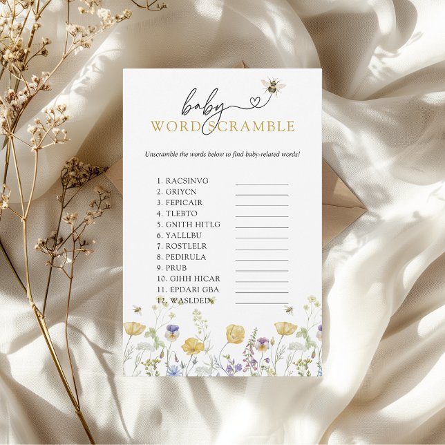 Baby Word Scramble Bee Wildflower Baby Shower Game Flyer (baby word scramble mama to bee wildflowers fun baby shower game)