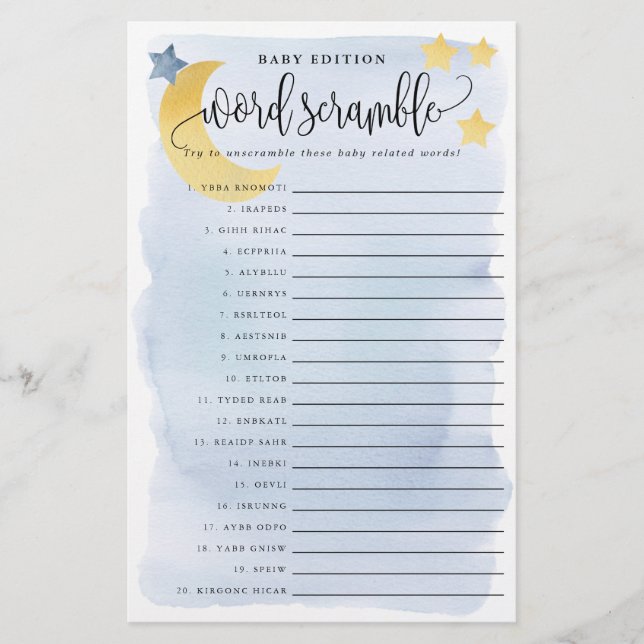 Baby Word Scramble, Blue Over Moon Paper Game Card (Front)