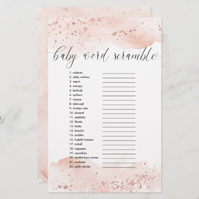 Baby word scramble game watercolor rose gold (Front/Back)