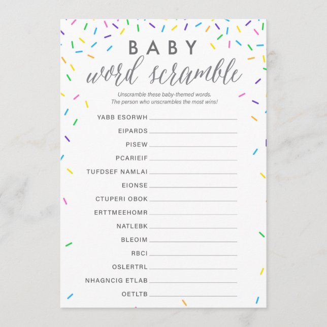 Baby Word Scramble Shower Game Card - Sprinkles (Front)