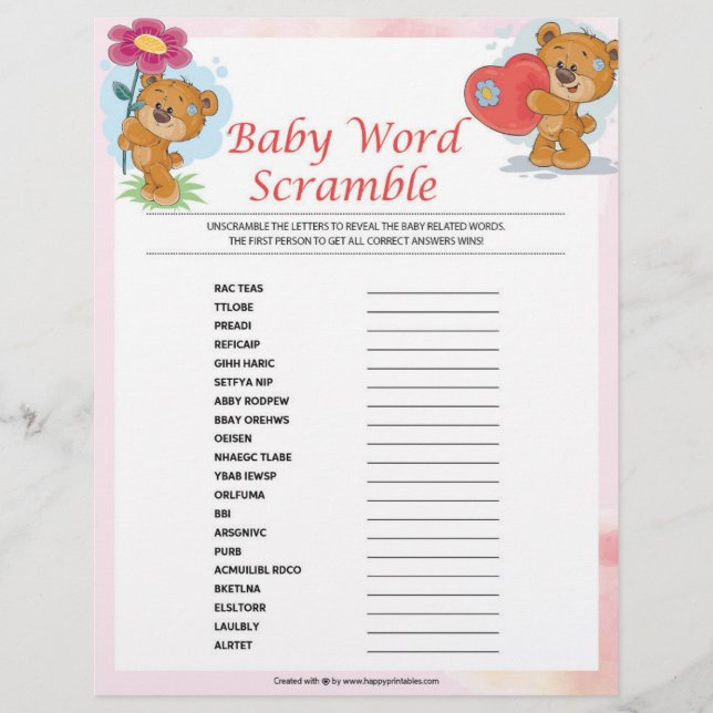 Baby Word Scramble [Teddy Bears] Custom Letterhead (Front)