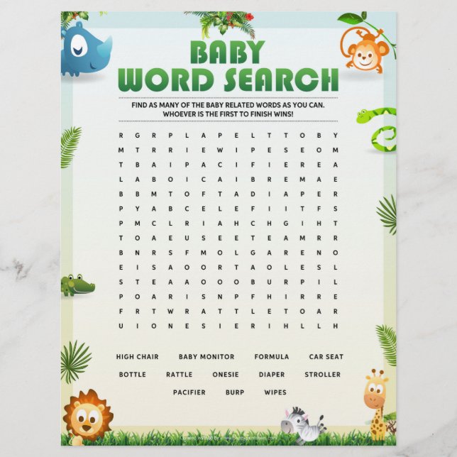 Baby Word Search Baby Shower Game [Animal Theme] Custom Letterhead (Front)