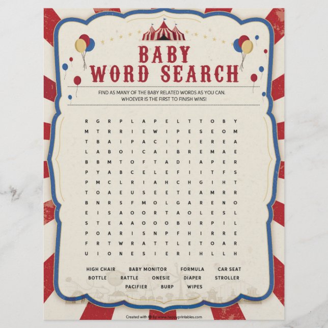 Baby Word Search [Circus Theme] Custom Letterhead (Front)