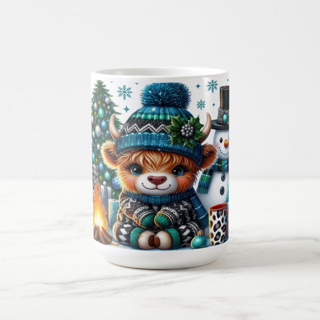 Baby Yak by Campfire with Snowman & Tree 🖋️ Descr Coffee Mug (Center)