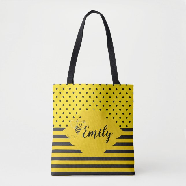 Baby Yellow Black Bumble Bee Striped Polka Dot Tote Bag (Front)