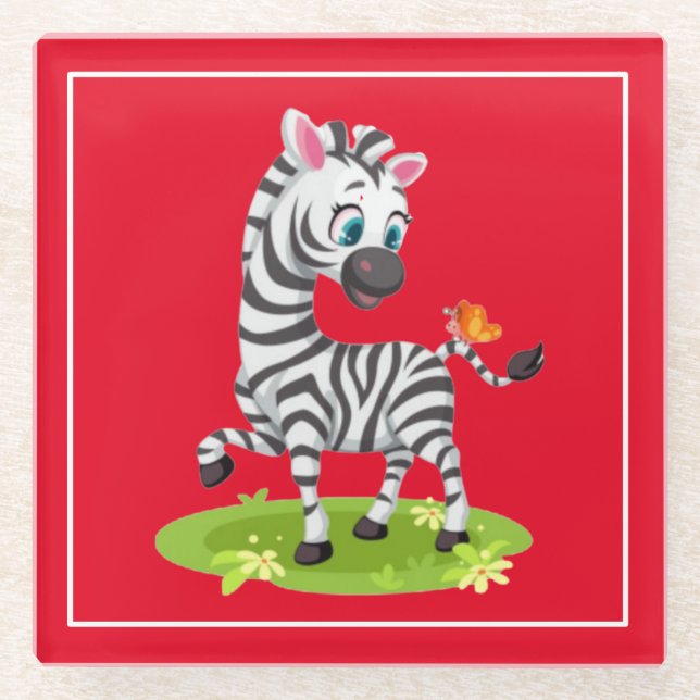 Baby Zebra Drawing Playing with Butterfly-23960 Glass Coaster (Front)