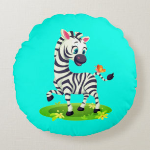 Baby Zebra Drawing Playing with Butterfly-23960 Round Cushion