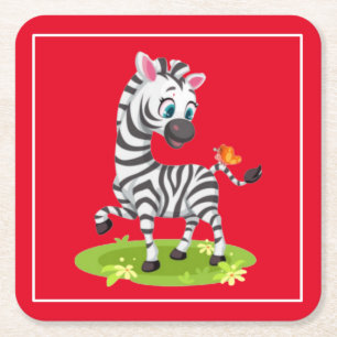Baby Zebra Drawing Playing with Butterfly-23960 Square Paper Coaster