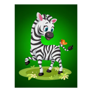 Baby Zebra Drawing Playing with Butterfly Poster
