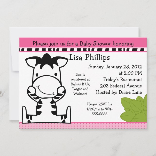 Baby Zebra Girl Baby Shower Invitation (Front)