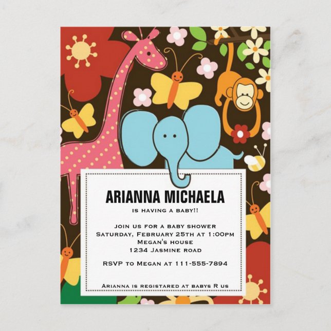 Baby Zoo Animals Baby Shower Invitation Postcard (Front)
