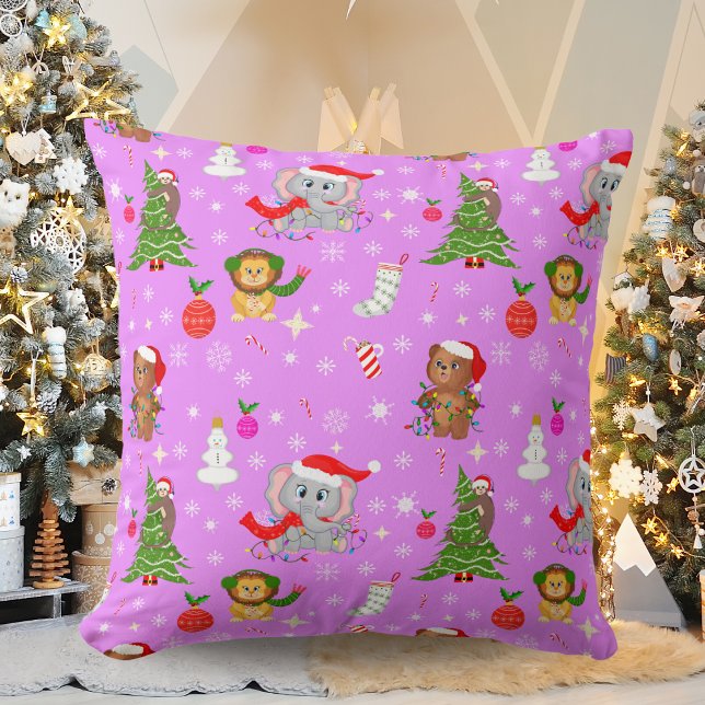 Baby Zoo Animals Celebrating Christmas Pink  Cushion (Creator Uploaded)