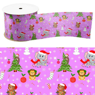 Baby Zoo Animals Celebrating Christmas Pink Satin Ribbon
