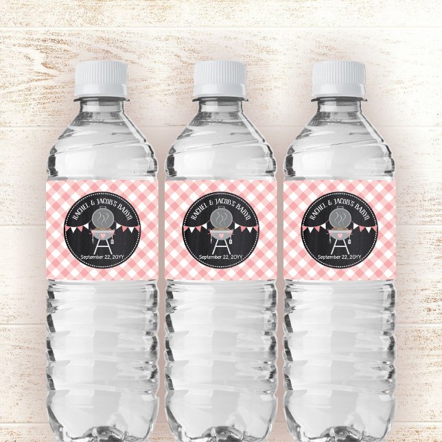 BabyQ Baby Girl Shower Pink Gingham on Chalkboard Water Bottle Label (Creator Uploaded)
