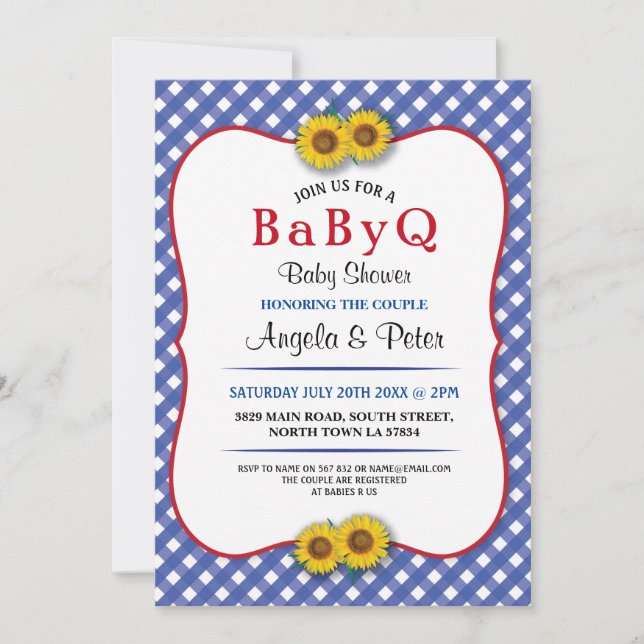 BABYQ Baby Shower BBQ Party Sunflower Blue Invite (Front)