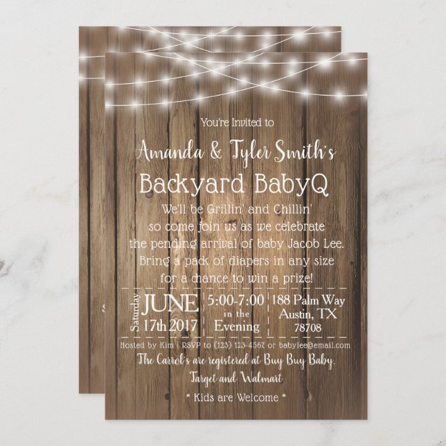 BabyQ Backyard BBQ Bash Wood Rustic Gender Neutral Invitation (Front/Back)