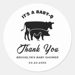 BabyQ BBQ Baby Shower Cow Pig Chicken Black White Classic Round Sticker