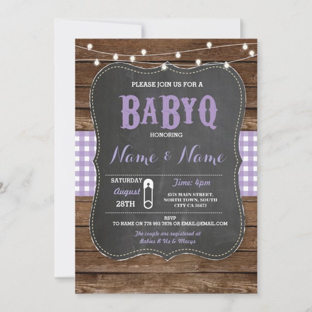 BaByQ BBQ Baby Shower Purple Chalk Wood Invite (Front)