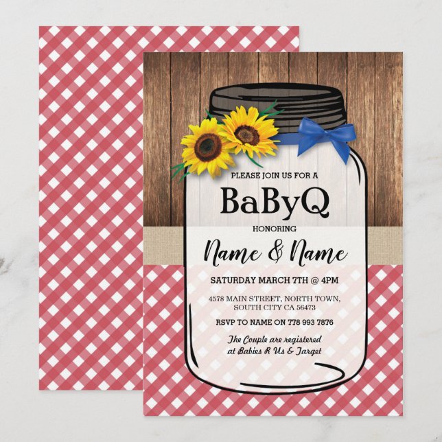 BaByQ Sunflower BBQ Baby Shower Jar Wood Red Check Invitation (Front/Back)