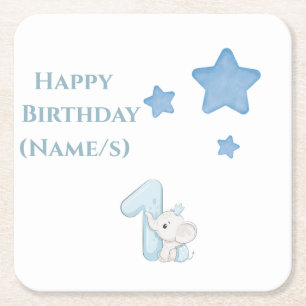 Babys 1st Birthday Cute Blue Elephant & Stars Square Paper Coaster